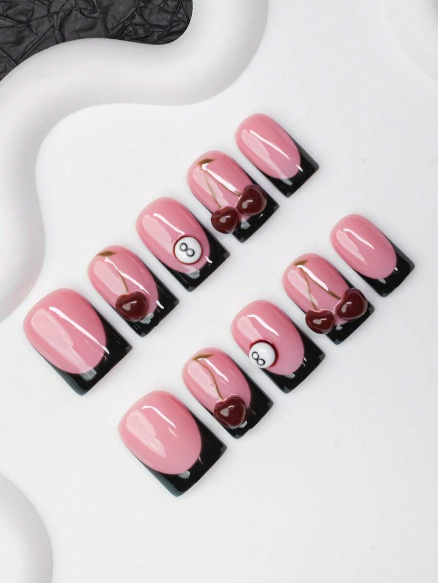10片方形手工美甲贴片，Y2K 酷炫风格，裸色、黑色法式贴片、樱桃图案、8号设计，适合派对、舞会、日常佩戴，包含工具包，是送给女性和女孩的绝佳礼物。美甲用品，手工按压式美甲贴片。 - 彩色 - 查看 1