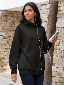 Fisoew Women's Oversized Sweatshirt Pullover - Long Sleeve Snap Button Henley Neck Loose Fit Top | Y2K Grunge, Clean Girl Aesthetic, Athleisure | Casual Fall Fashion - 黑色 - 查看 5
