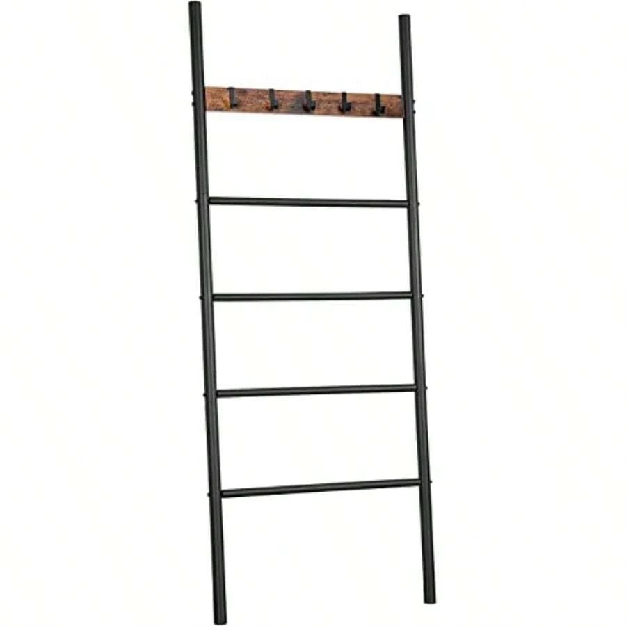 Towel Rack Blanket Ladder Leaning Ladder Rack Bathroom Towel Rack With 5 Crossbars And 5 Hooks Strong Storage Function Metal Frame Stable Industrial Rustic Brown And Black EBF60CJ01 - RusticBrownBlack - View 1