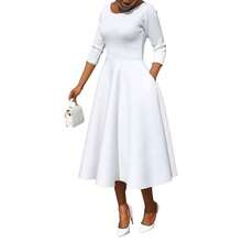Women's Mid-Length Solid Color Three-Quarter Sleeve Dress, Flattering U-Neck With Pockets And Full Skirt. - White - View 4