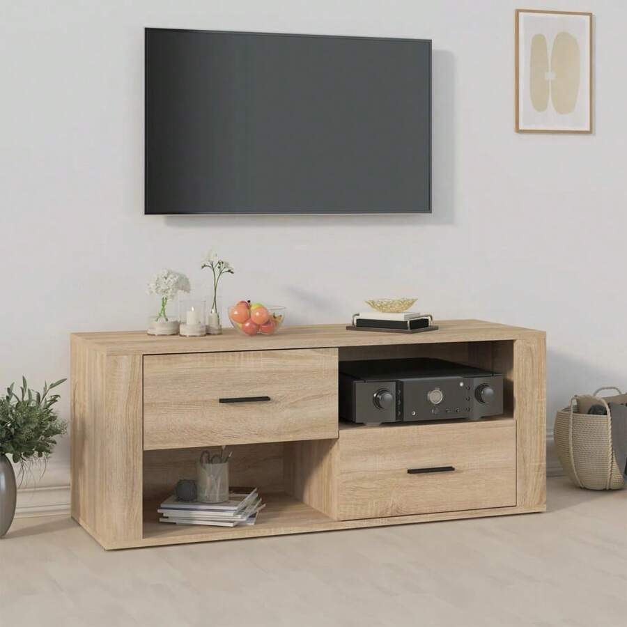 Larryhot Mueble para TV madera contrachapada color roble 100x35x40 cm, Robusto y duradero, fácil de montar, una opción ideal para la decoración del hogar - Marrón - Ver 1