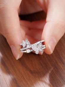 1pc Elegant Cubic Zirconia Ring, Suitable As Valentine's Day Gift, Wedding Gift, Engagement Gift, Anniversary Gift Or Party Jewelry For Women - Silver - View 8