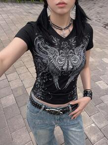 Rikumo Áo thun nữ tay ngắn cổ tròn in họa tiết vintage phong cách đường phố Gothic Y2K, thời trang mùa đông những năm 2000. - màu đen - Xem 1