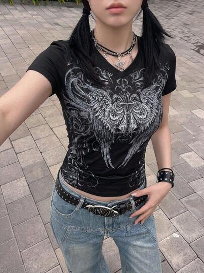 Rikumo Y2K Gothic Street Style Damen Vintage Muster Rundhals Kurzarm T-Shirt, 2000er Jahre Mode Winter