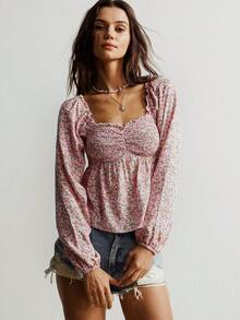 Rusttydustty Bohemian Romantic Elegant Ditsy Floral Shirt, Casual Vacation, Sweet Date, Suitable For Music Festivals - Pink - View 5