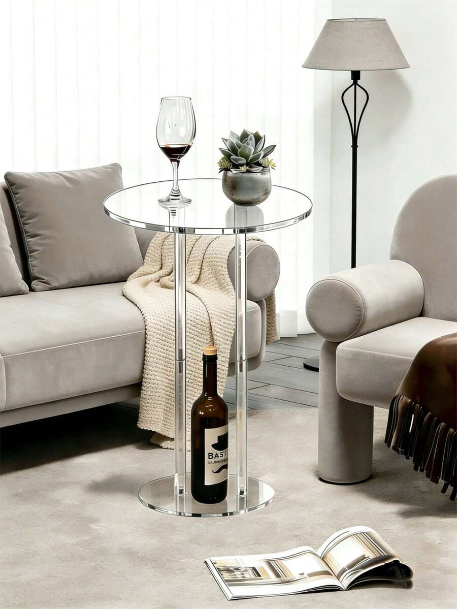 Minimalist Transparent Side Table, A Coffee Table Designed For Extra-Small Spaces. Made Of Acrylic For A Zero-Pressure Feel, Suitable For Living Room, Bedroom, And Balcony In Various Settings. Easily Matches Nordic Modern Style.