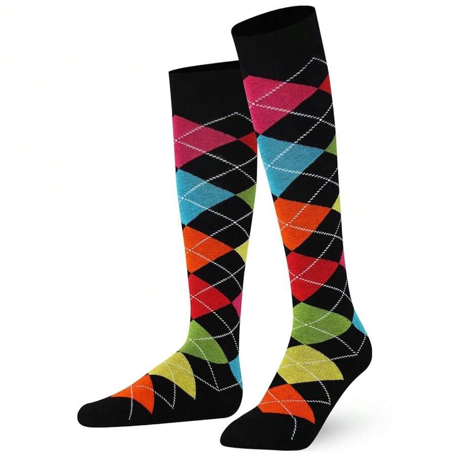 Mysocks Unisex Knee High Long Socks Argyle,4-7,MultiBlack - 多色黑色 - 查看 1