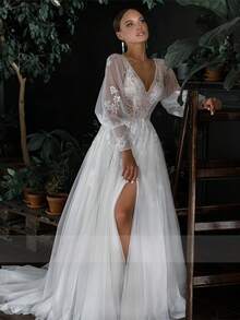 Vintage Deep V Neck Lace Applique Long Sleeves High Slit A Line Tulle Formal Wedding Dress,Registry Office Dresses Bridal Gown,Evening Party Dress Birthday Party Dress Country Wedding,Romantic Church Ceremony Wedding Dress,Suitable For Wedding,Dating,Party,Singles' Party,Vacation,Formal Occasions,Dinner Dress,Prom Dress,Homecoming Dess,Cocktail Party,Wedding Guest Dress,Graduation - 白色 - 查看 9