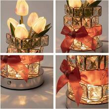 QY- Lámparas de flores de cristal de tulipán recargable por USB luz artificial inalámbrica 3 colores regulables y brillo ajustable decoración de dormitorio sala de estar día de San Valentín regalo -2195 - Tulipán Rosa - Ver 2