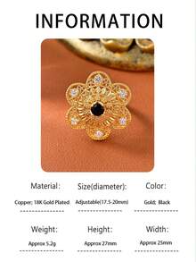 1pc Luxurious And Elegant Flower Openwork Design Ring For Women, Vintage And Noble Ring With Cubic Zirconia.Featuring An 18k Gold-Plated Adjustable Band. Perfect For Wedding, Parties, Banquets, Holiday Celebrations, Gift Giving And Other Special Occasions. - Luxurious - View 15