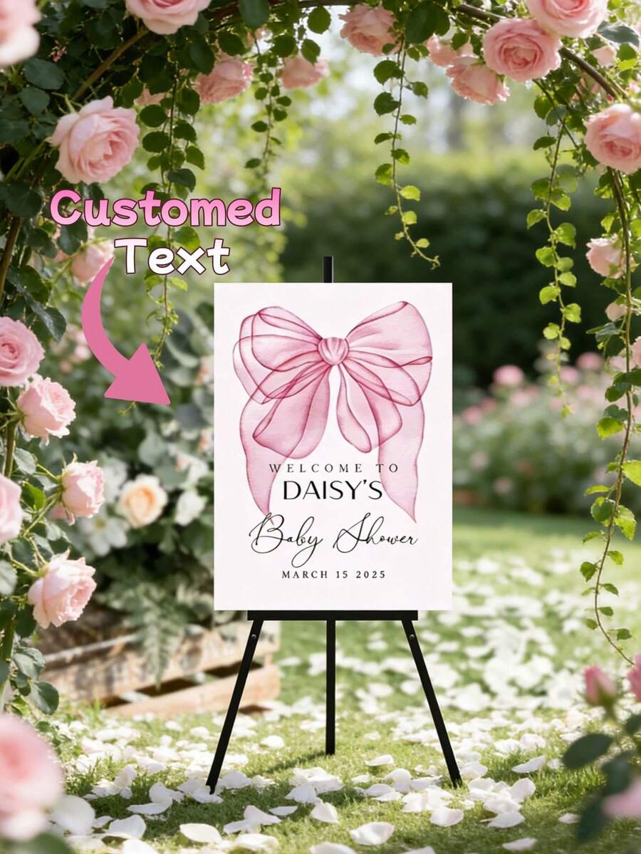 Personalized Baby Shower Welcome Sign - Pink Bow And "Welcome To Daisy's Baby Shower" Text - Frameless Canvas Poster - Elegant Cursive Font - Birthday, Christmas Decor - Gift For Mom, Family - Easy To Hang - Perfect For Home - Multicolor - View 1