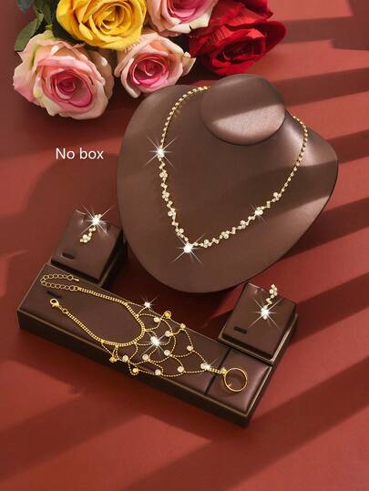 Sparkling Crystal Copper Necklace, Earrings, Bracelet Set, Elegant Jewelry Gift For Women, Suitable For Mother's Day, Thanksgiving