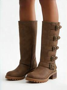 Fashion Riding Knee High Boots For Women Round Toe Mid Chunky Heel Buckle Side Zipper Wide Calf Boots Winter Outdoor Footwear For Women - 棕色 - 查看 6