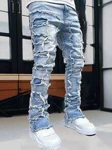Men's Stacked Slim Fit Slit Tight Elastic Jeans With Pleats Straight Leg Denim Pants Hip-Hop Pants Streetwear - Rửa tối - Xem 4