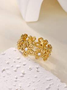 Nhẫn Zirconia hình hoa, mạ vàng 18K, làm từ thép không gỉ, thích hợp cho nữ/mẹ, có size 7 và 8, trang sức cưới/phụ kiện ngày lễ, quà tặng Ngày Valentine và Ngày của Mẹ. - Nhiều - Xem 8