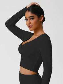 Sodalemon Women Elastic Training Fitness T-Shirt Button Long Sleeve Gym Active Wear Gym Athletic Wear Yoga Outdoor Casual Sport Shirt - Black - View 4