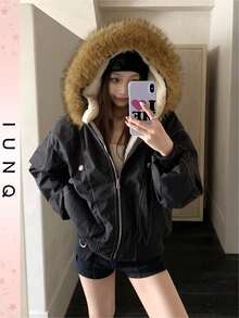 IUNQ [FREE SHIPPING]Women's Winter Fleece Lined Down Jacket, Millennial Zip-Up Hooded Puffy Coat, Detachable Fleece Collar, Button And Pocket Design, Suitable For Office Casual And Daily Commuting Winter Wear. - Black - View 8
