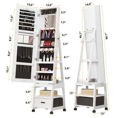 360° Swivel Jewelry Armoire, Floor Standing Locking With Full Length Mirror,Bottom Drawer, Shelf, Wheels,White Cabinet With Large Storage Capacity (White Push-Pull)