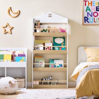 SoBuy Children's Bookshelf, Kids' Shelf, Toy Storage Shelf With 4 Shelves For Books And Decorations, Montessori Shelf, Children's Room Furniture, White And Natural, 60x130.5x15 Cm KMB121-WN