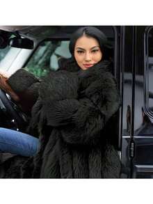 FHILLINUO Áo khoác lông giả dài màu đen thanh lịch cỡ lớn, tay dài thông thường, cổ áo xếp tầng bồng bềnh, áo khoác ngoài ấm áp mùa đông. - màu đen - Xem 7