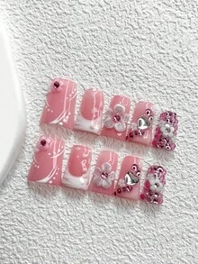 10pcs Shiny Pink Nail Art Set, White 5-Petal Flower Press-On Nail Stickers, Pink Leopard Print Decorations, Heart-Shaped Nail Accessories, Romantic Theme Nail Art, 3 Sizes Available: Almond, Square, Stiletto Nail Stickers, Suitable For Parties, Weddings, Dates And Daily Wear, Includes Tool Kit (1 Jelly Sticker + 1 Nail File), An Excellent Nail Art Gift For Women And Girls. Nails Nail Supplies Handmade Press On Nails - 彩色 - 查看 18