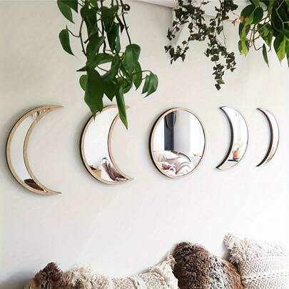 OUTANA 5pcs Black & Beige Moon Phase Mirror Wall Decor Set, Modern Nordic Style Acrylic Wood Grain Crescent Moon Shaped Wall Mirrors, Suitable For Living Room, Bedroom, Bathroom, Office, Chic Boho Wood Grain Mirrors, Perfect For Home, Garden, Holiday Decor