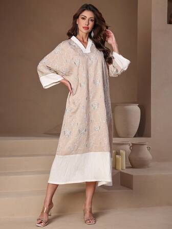 Vestido de mujer árabe de cuello en V de manga 3/4 con bordado elegante y tradicional del Ramadán 2026, suave y grácil