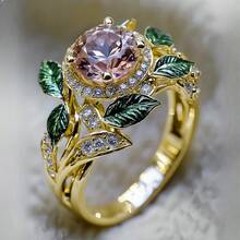 1pc Elegant Fairy Engagement Ring With Sparkling Round Pink Synthetic Cubic Zirconia, 18K Gold Plated Copper Ring, Green Leaf Accent Design, Best Gift For Wedding, Anniversary, Birthday, Valentine's Day - Gold - View 13