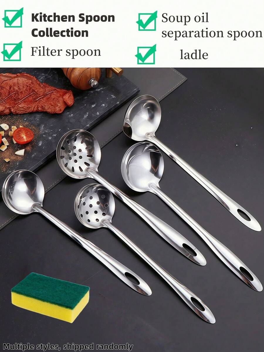 1pc Unisex Stainless Steel Silver Heat-Resistant Handle Precision Spout Fat Separator Spoon, Soup Pot BBQ Kitchen Essentials Wall-Mountable Home Kitchen Utensil Kitchen Gadgets Kitchen & Home Tool Random Delivery