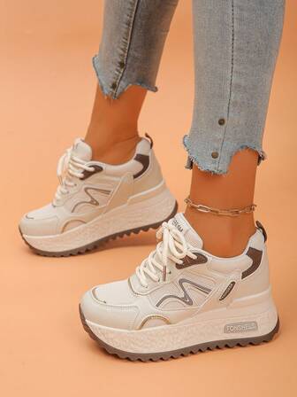 女士坡跟厚底运动鞋，撞色运动休闲户外系带网布拼接透气舒适隐形鞋跟时尚百搭休闲鞋，适合春秋季穿着