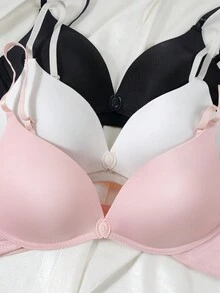 3pcs/Set Girls' Solid Color Button Decorated Triangle Cup Bras, Comfortable Wireless Push-Up Bras, Suitable For Young Ladies - Multicolor - View 4