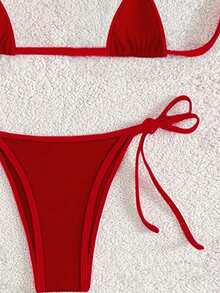 Bộ đồ lót gợi cảm viền tương phản, áo hai dây tam giác nhỏ, áo ngực bikini buộc dây và quần lọt khe, đồ lót gợi cảm dành cho nữ, món đồ không thể thiếu cho Halloween và Giáng sinh. - Đỏ - Xem 5