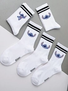 5/1 Double Stitch Cute Cartoon Pattern Middle Socks With Sports Stripe Design, Made Of Polyester Fiber Material, Cute Cartoon Pattern, Fashionable, Casual And Breathable, Suitable For Daily Wear, School Season And Holiday Gifts. - Multicolor - View 2