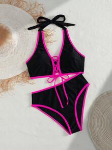 2pcs/Set Women's Hollow Out Criss-Cross Tie Front Sexy Fashionable Patchwork Bikini Swimwear, Suitable For Beach Holiday Vacation Summer - Multicolor - View 7