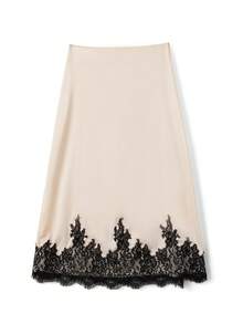 Women Patchwork Lace Mid Skirt Elegant A-Line Mid Rise Skirts For Summer Spring Fall - Champagne - View 2
