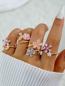 imoli 4pcs Minimalist Fashion Metal Inlaid Pearl & Rhinestone Flower Design Stackable Adjustable Rings Set, Versatile For Daily Wear, Dates, Commute, Perfect Gift - 30701-ring-g-eP - View 3