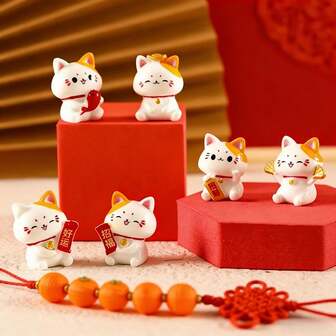 Juego de figuritas de Maneki-Neko (Gato de la Suerte) estilo chino, adorno decorativo de escritorio, decoración auspiciosa de Año Nuevo, decoración del hogar, pequeño y adorable ornamento para estudio, dormitorio, decoración de mesa festiva, figura de gato de dibujos animados, artesanía de gato de la suerte Feng Shui como regalo