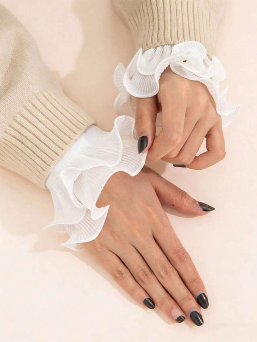 1 Pair Chiffon Ruffled Cuff Sleeves, Cute Lace Floral Arm Warmers, Layered Lace Bell Sleeve Cuffs Decorative Collar Gloves, Autumn/Winter - White - View 1