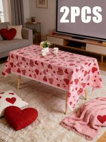 3pcs 137*274CM/53.94*107.87IN Disposable Tablecloth, Romantic Heart Design, Pink Background With Various Red Heart Patterns, Suitable For Valentine's Day Party, Girly Birthday, Spring Afternoon Tea Decor, And Daily Use - Multicolor - View 8