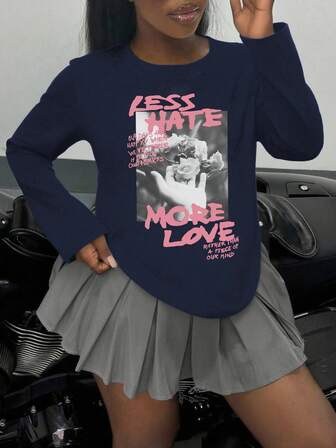 1 pièce T-shirt à col ras-du-cou à manches longues avec imprimé floral décontracté pour filles, vêtements étudiants jeunes pour l'automne - "MOINS DE HAINE PLUS D'AMOUR" Nouveau graphique rose