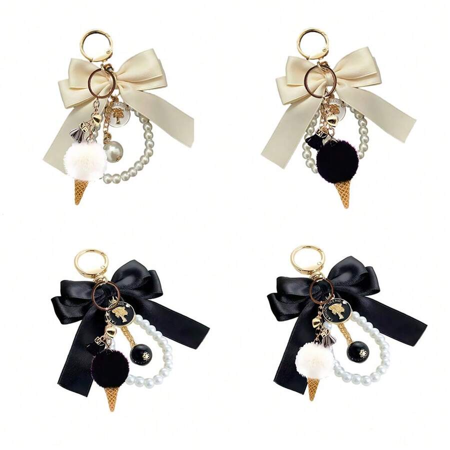 Plush Ice Cream Pendant Cute Kawaii Soft-Look Charm With Adorable Bowknot Accent On Pearl String Necklace Style Key Hook Accessory For Girlfriend Gift, Romantic Birthday Anniversary Valentine's Day Present, Everyday Casual Bag Zipper Charm, Party Cute Outfit Accessory, Holiday Stocking Stuffer, Girly Charming Collectible For Teen Women Friends - Multicolor - View 1
