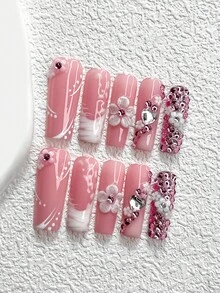 10pcs Shiny Pink Nail Art Set, White 5-Petal Flower Press-On Nail Stickers, Pink Leopard Print Decorations, Heart-Shaped Nail Accessories, Romantic Theme Nail Art, 3 Sizes Available: Almond, Square, Stiletto Nail Stickers, Suitable For Parties, Weddings, Dates And Daily Wear, Includes Tool Kit (1 Jelly Sticker + 1 Nail File), An Excellent Nail Art Gift For Women And Girls. Nails Nail Supplies Handmade Press On Nails - 彩色 - 查看 11