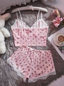 2-Pcs Women's Sleepwear Set & Lace V-Neck Halter Top & Lace Patchwork Shorts With Bow Decoration At The Waist & Soft And Cute Women's Home Pajama Set - Baby Pink - View 2