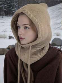 新品 | 二合一针织连帽围巾，冬季保暖加厚羊毛围巾，时尚百搭的脸部修饰配饰 - 卡其色 - 查看 2