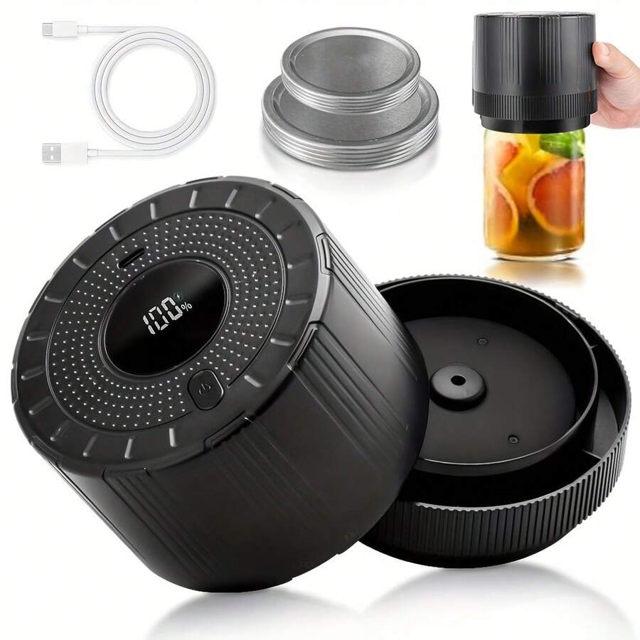 1pc Automatic Electric Mason Jar Vacuum Sealer, One-Button Operation, Leak-Proof Sealing, Suitable For Regular And Wide-Mouth Containers, For Sealed Storage, Kitchen Tool. - Black - View 1