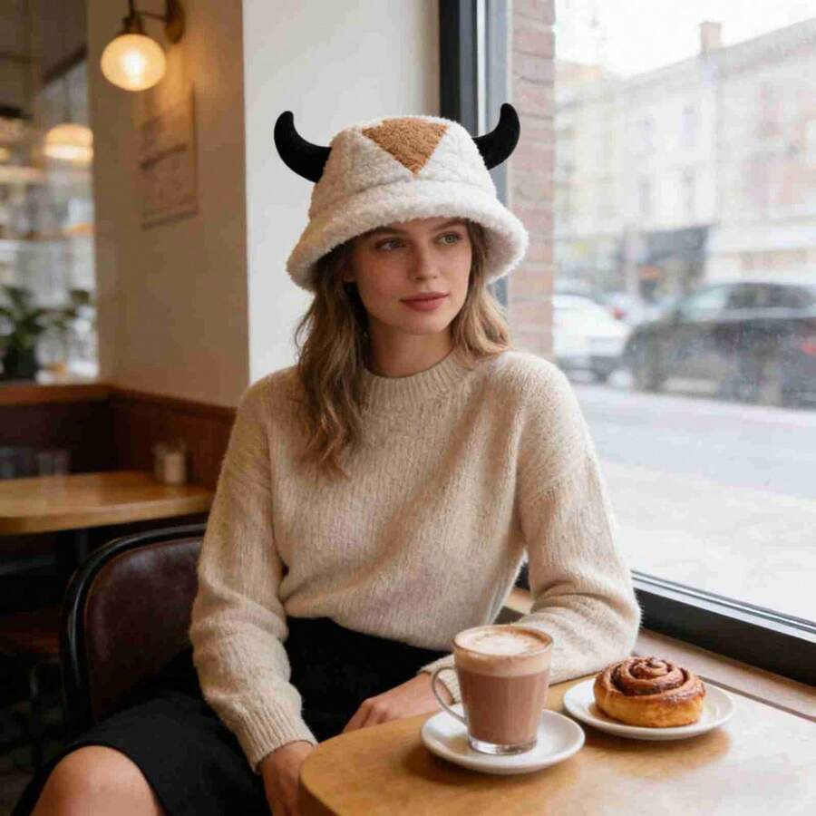 Sombrero de pescador de lana para mujer, con decoración 3D de cuerno de toro, ligero y cálido, para invierno - Negro - Ver 1