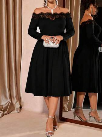 Vestido de línea A de longitud hasta la rodilla con manga larga, hombros descubiertos, parche de encaje y unicolor elegante, adecuado para fiestas, reuniones, compras y uso diario, tallas grandes para mujeres
