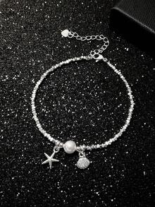 1pc 925 Sterling Silver Minimalist Mini Silver Block Pearl Shell Starfish Bracelet, Suitable For Women's Daily Wear, Also As Valentine's Day Gift, Christmas Gift. - Silver Pearl Bracelet - View 4