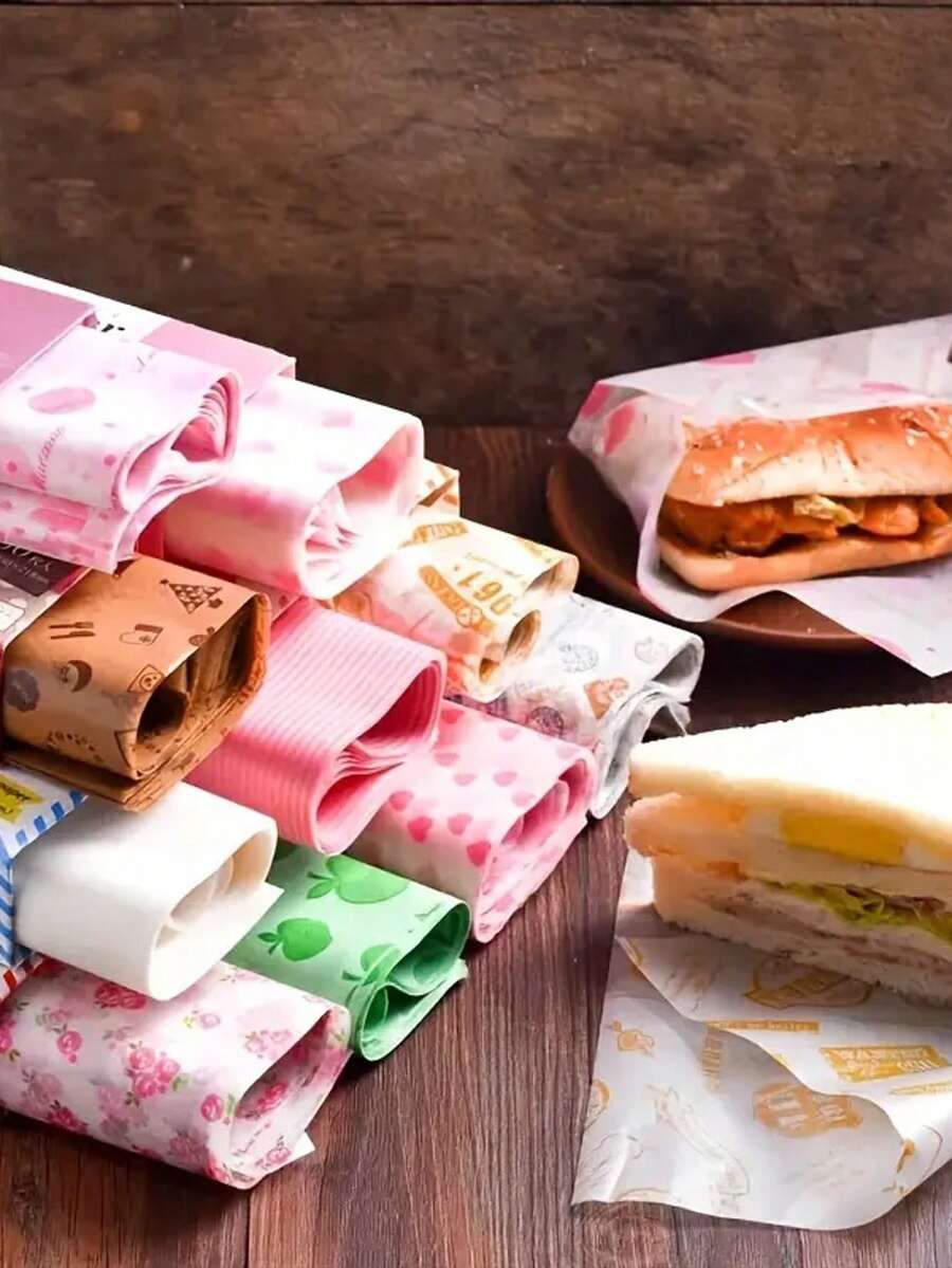 Giấy chống dầu mỡ, giấy nướng, dùng để gói bánh mì sandwich và bánh mì kẹp thịt, dụng cụ làm bánh, giấy gói hình hoa hồng trái tim, đồ dùng nhà bếp thiết yếu, thích hợp cho Ngày Valentine và Giáng sinh.