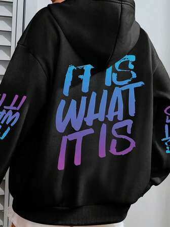 Damtröja med slogan "DET ÄR VAD DET ÄR", handmålad graffititypsnitt, upprepad slogan på ärmarna, rund hals, långärmad, casual, vår/höst/vinter, damtröja/damluvtröja, alla hjärtans dag/tillbaka till skolan, vinterkläder för kvinnor, svart långärmad topp, söta toppar, kort topp, toppar för kvinnor